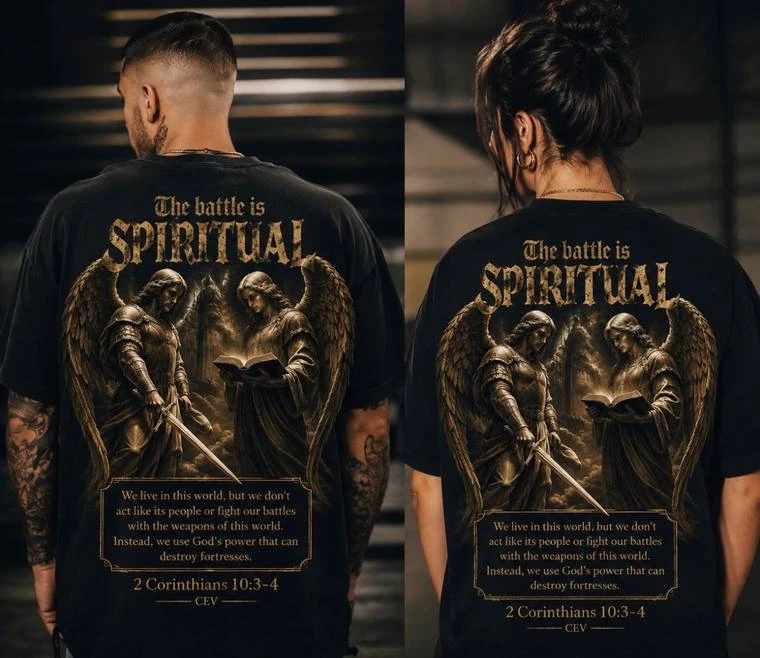 Two models wearing black The Battle Is Spiritual shirts showing the back design