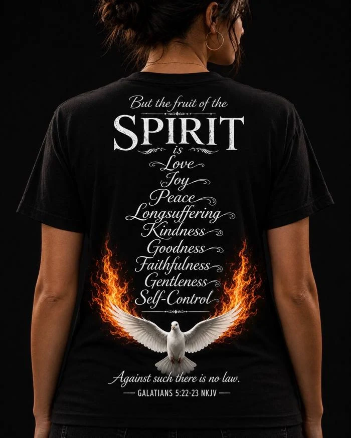Model wearing a black Fruit of the Spirit shirt showing the back design