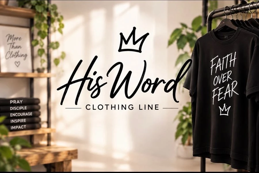 His Word Clothing logo beside a Faith Over Fear shirt in a studio display